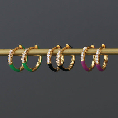 Gilded Enamel Crystal Huggie Hoop Earrings