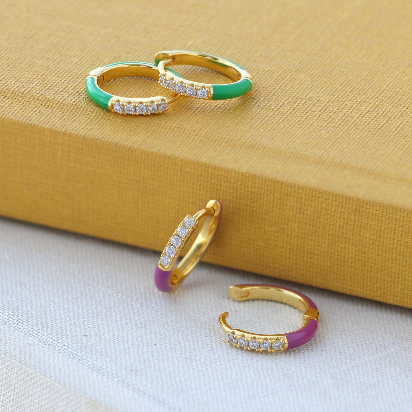Gilded Enamel Crystal Huggie Hoop Earrings