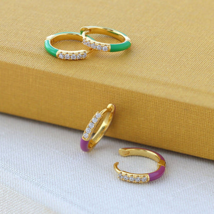 Gilded Enamel Crystal Huggie Hoop Earrings